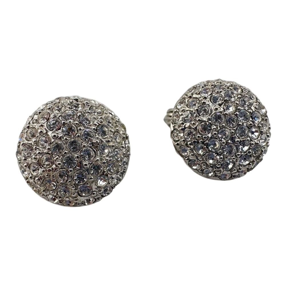Vintage Monet Rhinestone Crystal Pavé Silver Tone Dome .75” Clip On Earrings